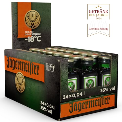 Jägermeister – 24 x 0,04l Premium Kräuterlikör Shots 35% Vol. als Party Geschenk – Aus 56 erlesenen Kräuter – Im Eichenfass gelagert – Das Original aus Wolfenbüttel