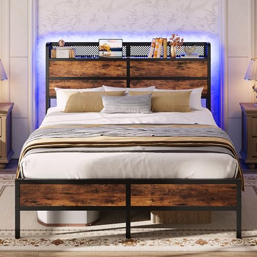 IRONCK Bett 140x200 cm, Bettgestell 140x200 mit LED Beleuchtung & Ladestation(2 Steckdosen, 1 USB & 1 Typ-C-Anschluss), Metallbett, Doppelbett Jugendbett mit Lattenrost, Unterbett Stauraum