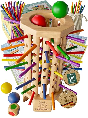 SINNESFUCHS® Farblernturm - FSC® 100% - Montessori Spielzeug ab 3 Jahre - Holzspielzeug pädagogisch wertvoll - Lernspiele ab 3 Jahre - Kinder Farben Stäbchen Holz Spiel - Kinderspiele ab 4 Jahre