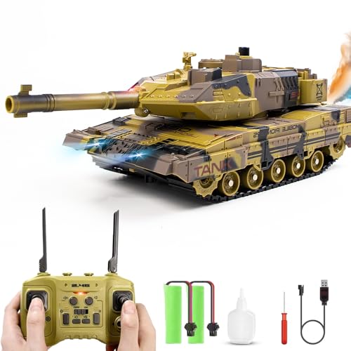 Hitish RC Panzer mit Schießfunktion für Kinder Erwachsene, 2,4G Ferngesteuerter Armee Tank Spielzeug mit Auto-Demo Sound Licht Rauch, 13-Kanal Militärfahrzeugmodell Geschenk für Jungen, Beige