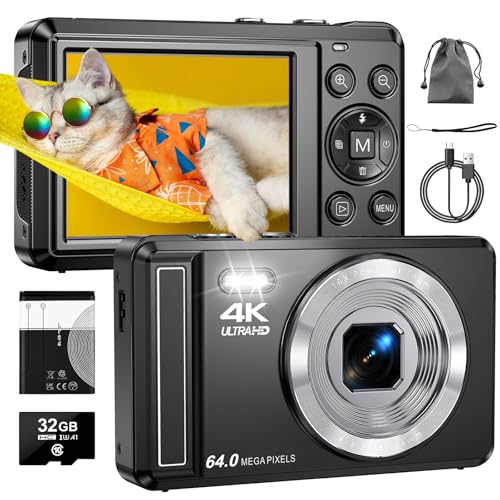 4K 64MP Digitalkamera mit 32 GB TF-Karte, Autofokus Fotoapparat mit 16X Digitalzoom Tragbar Kompaktkamera mit 1200mAh Batterie, USB-Kabel, für Kinder Teenager Erwachsene Anfänger