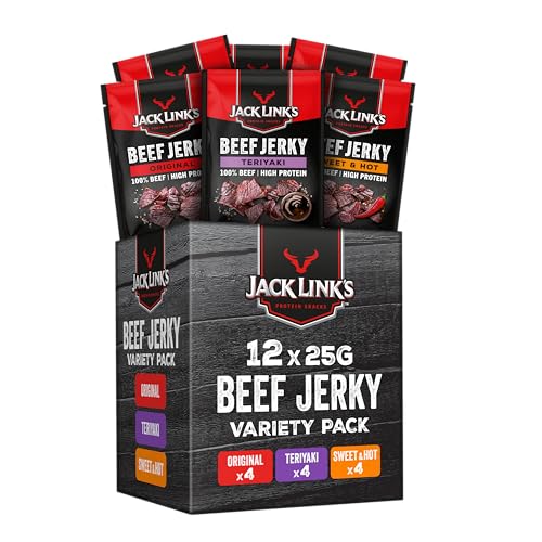 Jack Link's Beef Jerky Mischkarton - 12er Pack (12 x 25g) - Hochwertiger Fleischsnack - Teriyaki, Sweet & Hot - High Protein-Snack - Ideal für Unterwegs, im Büro oder beim Sport