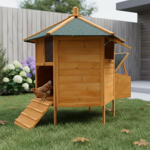 Mucola Hühnerhaus mit Nestbox, Rampe und Hühnerstangen Hühnerstall 6-Eck Pavillion 131x125 cm Gefügelstall Kleintierstall Legenester Hühnervoliere | für 5-8 Hühner |