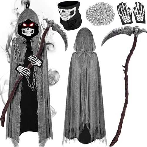5er Sensenmann Kostüm Herren - Gruselige Sensenmann Geister Umhang mit Sense & Maske & Kette & Handschuhe,Horror Halloween Kostüm Erwachsene Grim Reaper Costume Tod Death Party Karneval Cosplay