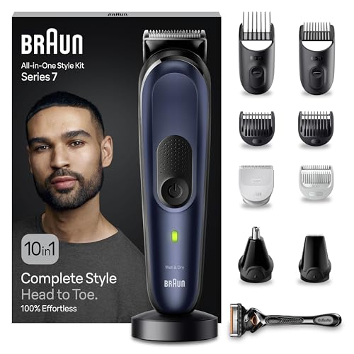 Braun All-In-One Trimmer-Set 7, 10-in-1 Multigroom, Barttrimmer, Nasenhaartrimmer, Haarschneidemaschine für Gesicht, Kopf und Körper, 100 Min. Akku, 14 Längen (3–21 mm), Wasserdicht, MGK7410, Blau