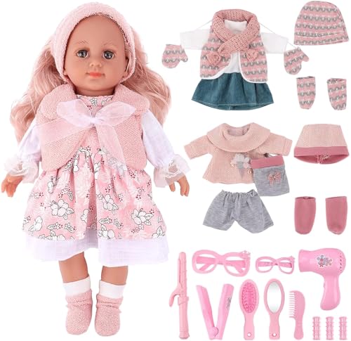 deAO Babypuppen-Spielset, Kleid Spiel Set für 36cm Puppe mit 3 Outfits und Puppenzubehör zum Kämmen und Frisieren, Puppe mit Langen Rosa Haaren Tolles Rollenspiel-Spielzeug für Kinder
