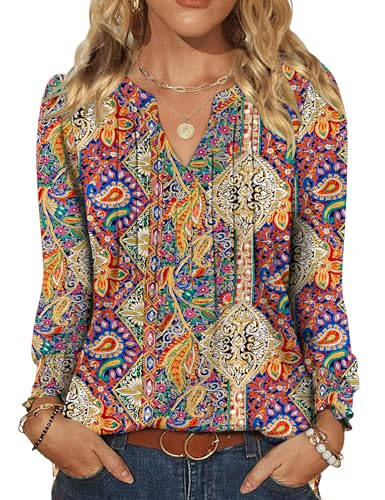 Rapbin Damen Bluse Langarmshirt V Ausschnitt Oberteile Elegant Blusenshirt Lässige Casual Shirt Herbst Tunika Bluse Tops Boho L