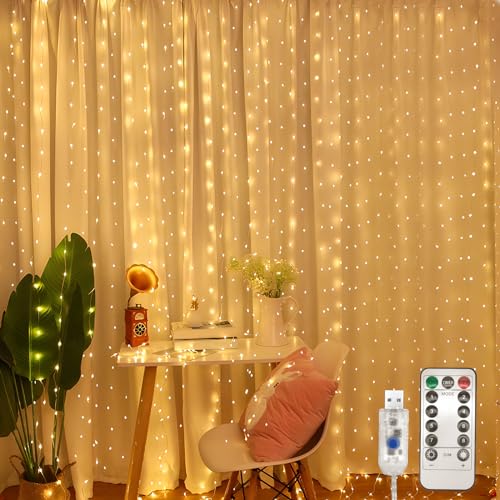 Jsdoin Lichtervorhang,3.6x3m 360leds Lichterketten Vorhang Lichterkettenvorhang 8 Modi mit Timer für Lichterkette Fenster Innen Außen Deko,Weihnachten Party, Zimmer, Schlafzimmer, Hochzeit (Warmweiß)