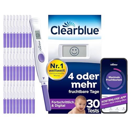 Clearblue Ovulationstest Fortschrittlich & Digital, Doppelte Chancen, schwanger zu werden,1 Testhalterung Digital und 30 Ovulationstests, Teste die KOSTENLOSE Clearblue Perioden- & Zyklus-Tracker-App