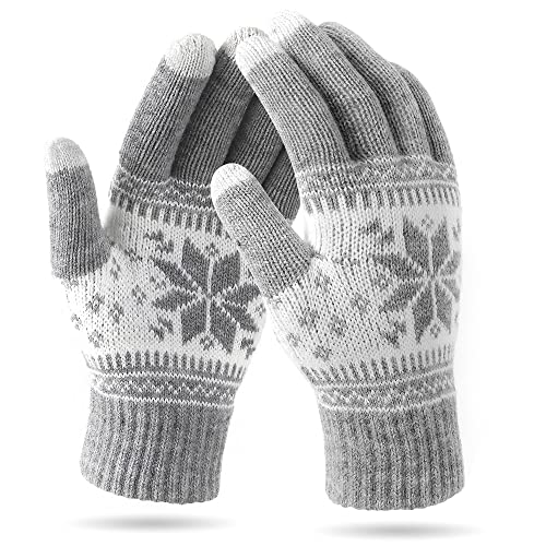 VENI MASEE Weihnachten Frauen Männer Snowprint Keep Warm Strickwolle Touch Screen Handschuhe - Damen Grau,20cm