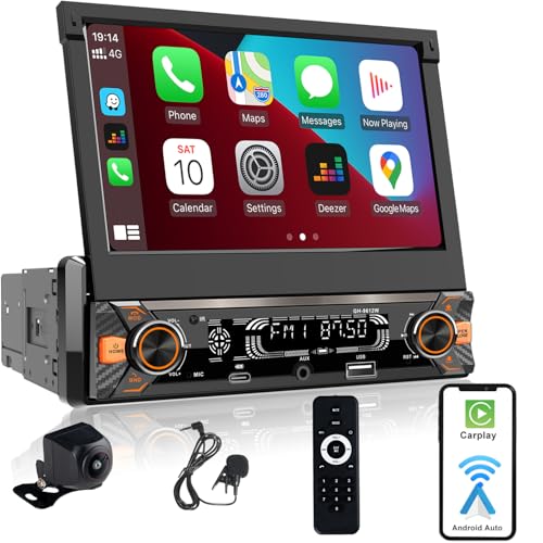 Alondy Autoradio 1DIN mit Ausklappbarer Bildschirm(7 Zoll automatisch), Kompatibel mit [Wireless] Apple CarPlay/Android Auto Bluetooth Typ-C USB(3A Schnellladung) AM/FM/RDS Radio Rückfahrkamera AUX