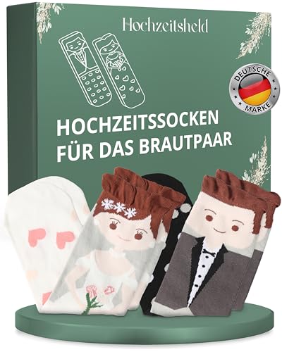HOCHZEITSHELD 2 Paar Hochzeitssocken als Hochzeitsgeschenk für das Brautpaar - Socken Hochzeit als kleines Geschenk zur Hochzeit - Lustige Hochzeitsgeschenke, Wedding Gift, Geschenk Hochzeit Ideen