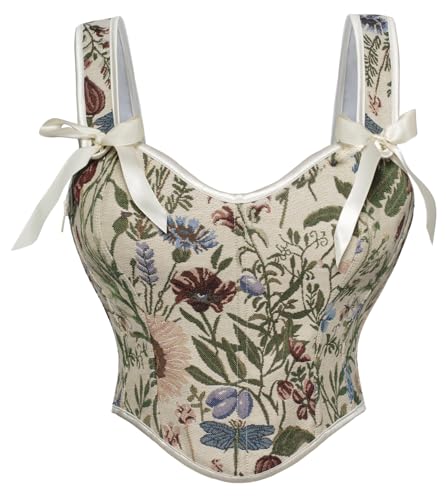 SCARLET DARKNESS Damen Mittlalter Korsett Square V-Neck Lace-up Vintage Corsage Reißverschluss Aprikose Blumen 36