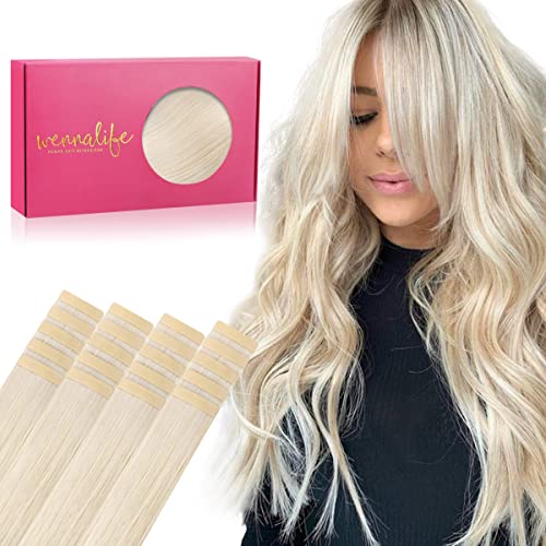 WENNALIFE Tape Extensions Echthaar, 20pcs 50g 35cm 14 Zoll Platinblond Remy Invisible, Seidig Gerade Echthaar Extensions Skin Weft Tape Ins