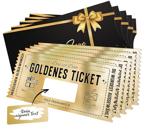 5 Stück Gutschein zum Selber Ausfüllen mit Rubbelaufkleber - Goldenes Ticket - Geschenke für Frauen männer, Geschenk für Freundin, Geburtstagsgeschenk, Wunschgutschein - Zeit Anstatt Zeug