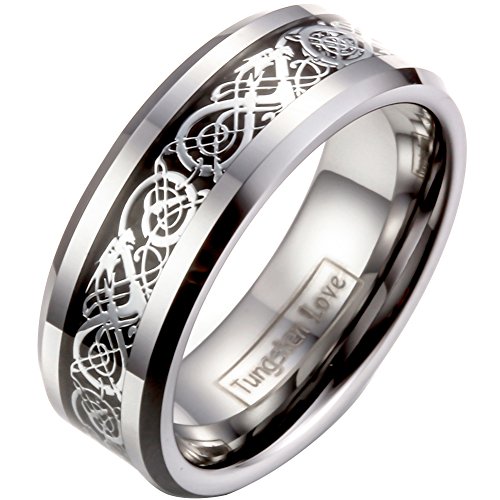 JewelryWe Schmuck Herren Wolframcarbid Ring Band Silber Schwarz Irish Celtic Knot Irischen Keltisch Knoten Drachen Jahrgang Hochzeit Größe 76