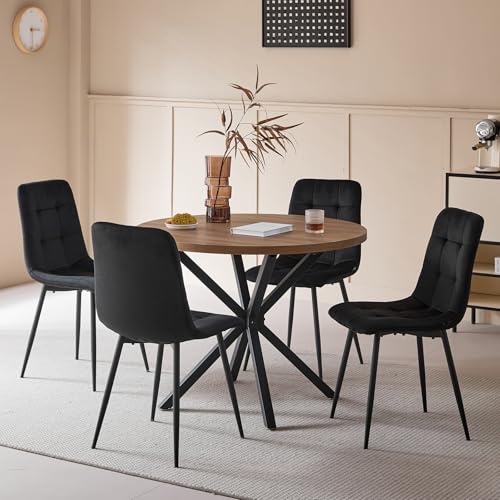 DEYARNA HOME Essgruppe 5-Teilig, 100cm Runder Esstisch und 4 Esszimmerstühle (Holländisches Vlies), Tisch und 4 Stühle für Küche, Wohnzimmer, Balkon, Restaurant, Büro (Dunkle Holzfarbe+Schwarz)