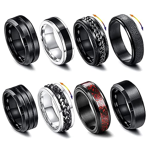 LOCCY 8 Stück Männer Edelstahl Spinner Ringe, Schwarze Spinner Kette Link geformt Band, Edelstahl Spinner Ring Set für Männer Frauen, 8mm breit (70(23.7))