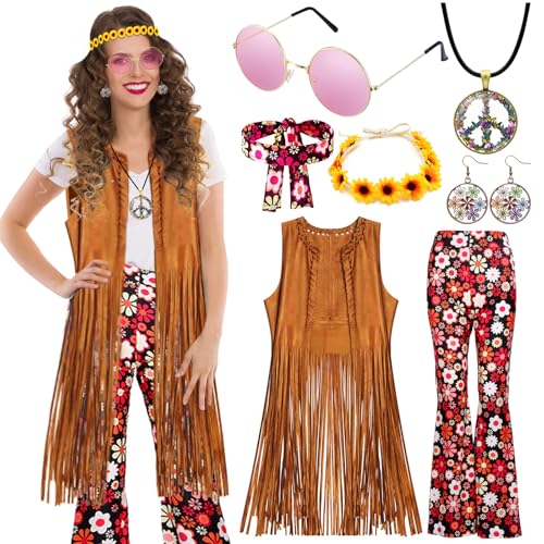 ATOWORLD Hippie Kostüm Damen Set mit Fransen Weste Hose und Hippie Kleidung Damen Zubehör Boho 60er 70er Hippie Bekleidung Frauen Disco Outfit Karneval Flower Power Cowgirl Kostüm Frauen Fasching XL