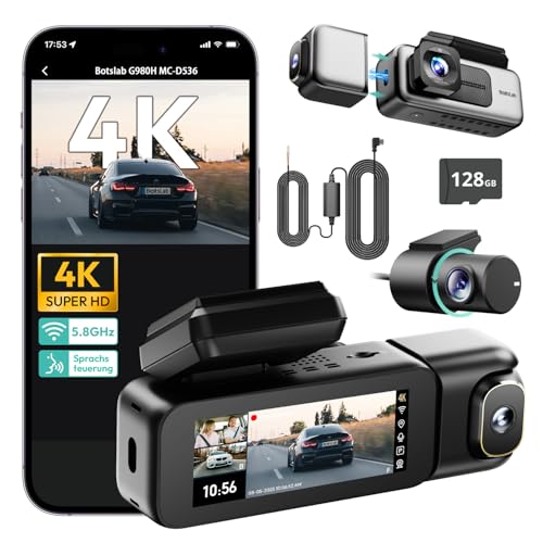 BOTSLAB 4K 3 Kanal Dashcam Auto Vorne Hinten mit Parküberwachung und 128GB SD Karte, 3 Channel 4K+1080P+1080P, GPS 5.8GHz WiFi Dash Cam, 3.18
