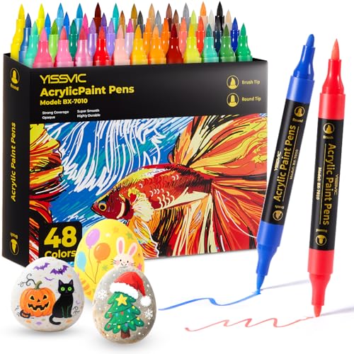 Yissvic Acrylstifte Set 48 Farben Acrylmarker Harte Spitze 4 mm und Weiche Spitze Verstellbar 0,5–4 mm Schnelltrocknend Wasserfest zum Zeichnen/Heimwerken auf Stein/Glas/Holz/Stoff/Ostereiern