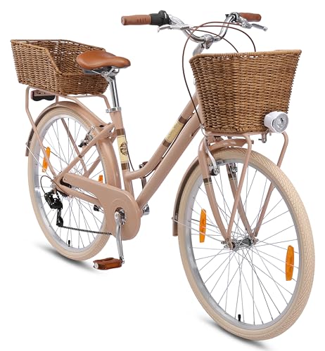 BIKESTAR Alu City Stadt Fahrrad 26 Zoll | 16 Zoll Rahmen, 7 Gang Shimano Damen Rad, Hollandrad Retro Bike mit V-Bremse und Gepäckträger | Braun | Risikofrei Testen