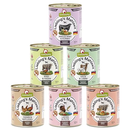 GranataPet Liebling's Mahlzeit Multipack 2, Nassfutter für Hunde im Probierpaket, Alleinfuttermittel ohne Getreide, Hundefutter mit hohem Fleischanteil & hochwertigen Ölen, 6 x 800 g