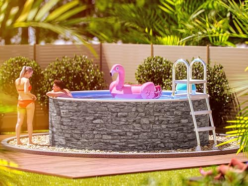 poolomio® Stahlwandpool rund 360 x 120 cm Steinoptik | Robuster Gartenpool als Aufstellbecken oder Einbaupool | Aufstellpool Komplettset mit Innenfolie 0,5 mm, Skimmer & Einlaufdüse