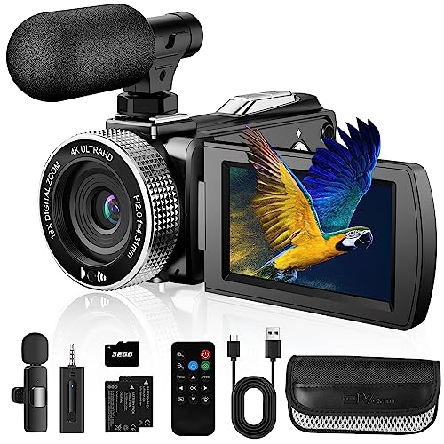 Vmotal 4K Videokamera, 48MP Foto/4K 60FPS Videorecorder, digitaler Camcorder für Vlogging auf YouTube, mit 2 Batterien/kabellosem Mikrofon/SD-Karte/Fernbedienung