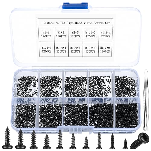1200 Stk Selbstschneidende Schraubenset, Kleine Schrauben Set,M1 M1.2 M1.4 M1.7 Mini Kreuzschlitzschrauben mit Linsenkopfschrauben Sortiment Set für Elektronik Uhrmacher Brillen Schrauben