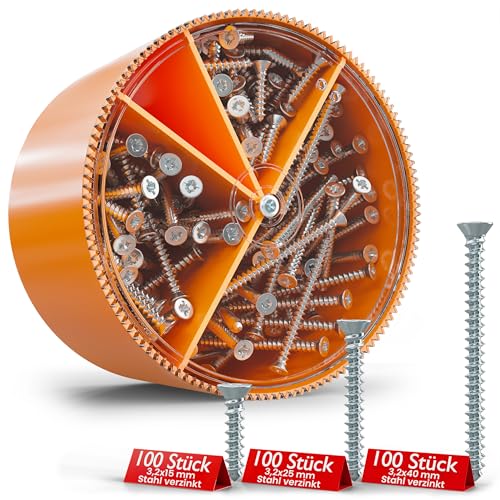 Elektro Butler Geräteschrauben für Unterputzdosen, Hohlwanddosen und Steckdosen Senkschrauben Kreuzschlitz (PZ1) Selbstschneidendes Gewinde Ø3,2 mm (Schraubenbox mit je 100 Stk. - 15, 25, 40 mm)