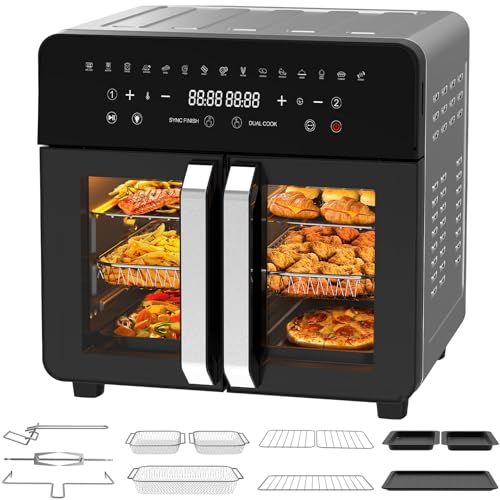 Heißluftfritteuse Dual Zone 23L - XXL Airfryer mit herausnehmbarem Trenner, Heissluftfritteuse mit French Door, 15 Programme, Großes Fenster, 5 Sets Zubehör, Rezepte
