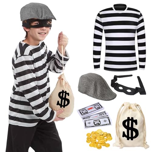 HarnyLoom Räuber Kostüm kinder Dieb Bankräuber Jungen Outfit Bandit Kostüm Einbrecher T-Shirt Swag Bags Maske Karneval Halloween Party Cosplay (L)