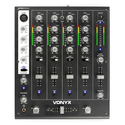 SkyTec STM-7010 - DJ Mischpult, 4 Kanäle mit USB-Eingang, Club Mixer, DJ Mixer, MIC-Inputs, DMX, Crossfader, VU-Meter, Audio-Mixer, 4-Kanal-Mischpult