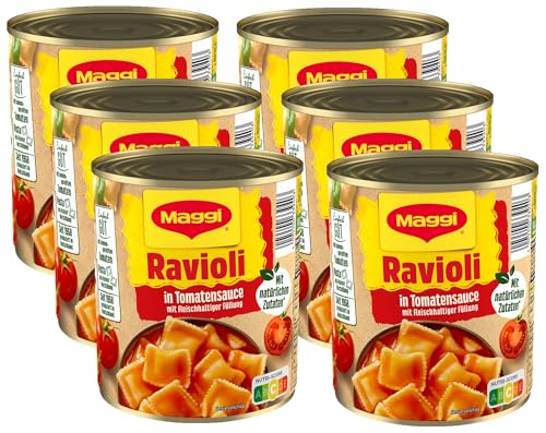 MAGGI Ravioli in Tomatensauce, Teigtaschen gefüllt mit würzigem Fleisch, in fruchtiger Tomatensauce, leckeres Fertiggericht, ideal für Camping, 6er Pack (6 x 800g)