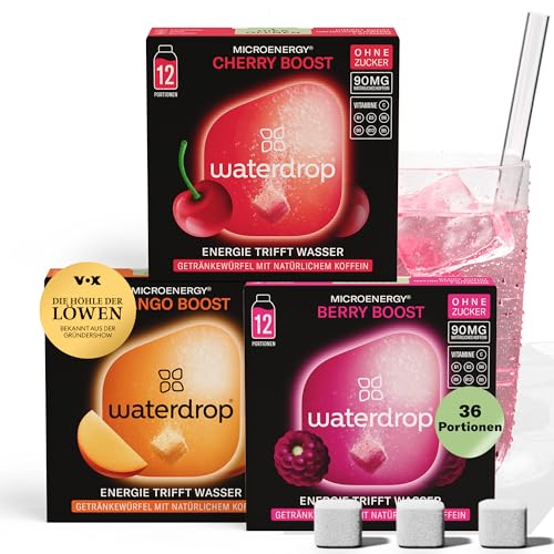 waterdrop® Microenergy Set, Energy Drink Pulver, 36 Würfel Getränkepulver, Mango, Kirsche & Brombeere Geschmack, Zuckerfrei & Kalorienarm, Mit 90 mg Natürlichem Koffein, Vitamin C & B – Flavour Drops