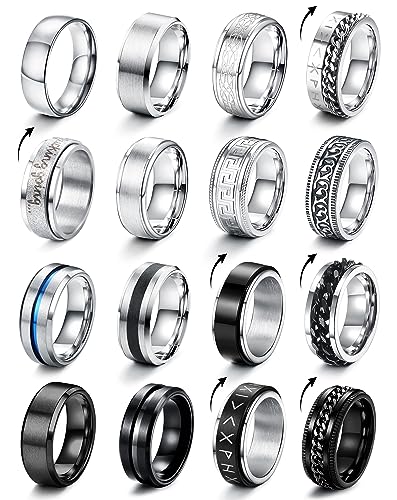CASSIECA 16 Stück Edelstahl Herren Ringe Silber Schwarz Matt Finish Poliert Band Ring Keltischer Knoten Vintage Biker Ringe Wikinger Verlobungsringe für Herren Männer Größe 67