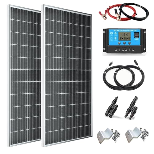 300W Solarpanel Kit Set 12V Monokristallines 2x150Watt Solarmodul+30A 12V/24V Solarladeregler + Solarkabel Solaranlage Wohnmobil Komplettset 12v für Batterien Häuser Balkon Wohnwagen Flachdach