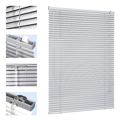 Sekey Klemmfix-Jalousie für Fenster freihängend, 25mm Alu-Lamellen, mit Bohren, inklusive Montagematerial Aluminium-Jalousie ohne Bohren, 70x130cm,Silber
