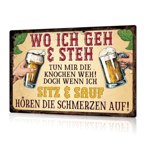 Putuo Decor Lustige Bier Wanddeko - Wo ich geh und steh - Vintage Metall Schild für Bar, Küche, Partyraum (sitz & sauf)