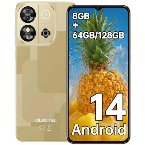 OUKITEL C57S Android 14 Smartphone Ohne Vertrag 4G, 8GB+64GB/128GB Handy Günstig, Octa Core, 6,52 Zoll HD+, 4300mAh Handy Ohne Vertrag, 4G Dreifache SLM Simlockfreie Handys - Gold