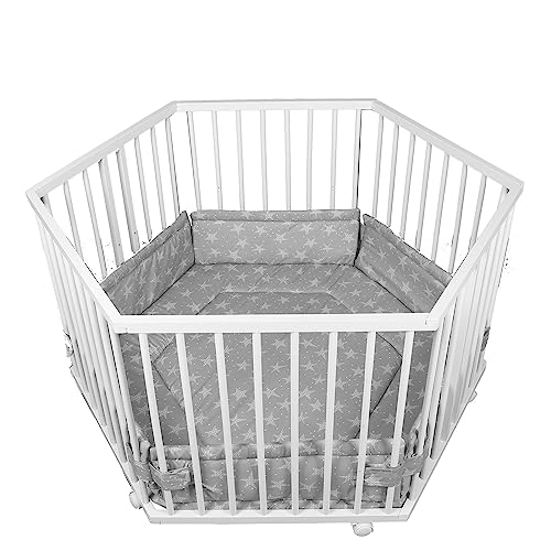 Laufgitter Laufstall 6-eckig Baby Krabbelgitter inkl. Stoffeinlage 3-fach höhenverstellbar WEISS 5230402