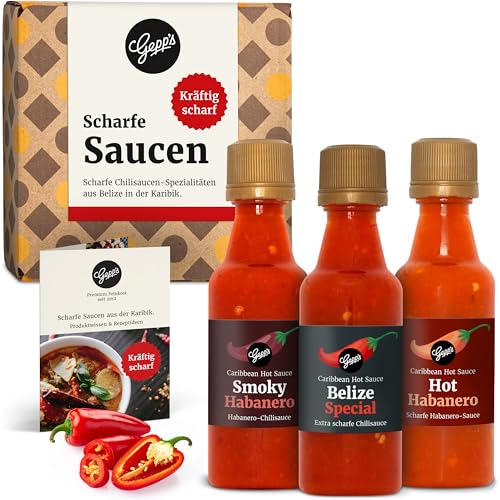 Gepp‘s Feinkost scharfe Soßen Set I Hot Sauce Set mit 2 feurigen Habanero Chili Saucen und einer Hot Belize Sauce I Chili Geschenkset, hergestellt nach eigener Rezeptur I Weihnachts-Geschenk