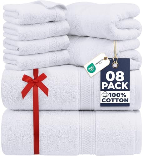 Utopia Towels - 8 teilig Handtücher Set aus Baumwolle mit Aufhänger - 2 Badetuch, 2 Handtücher und 4 Washclappen - (weiß)