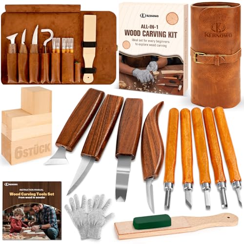 Holzschnitzwerkzeuge, 22-teiliges Holzschnitzerei-Set mit PU-Aufbewahrungstasche, mit 9 Schnitzmessern, Handschuhen, schärfstein & PU-Tasche, Schnitzset zum Schnitzen für Anfänger