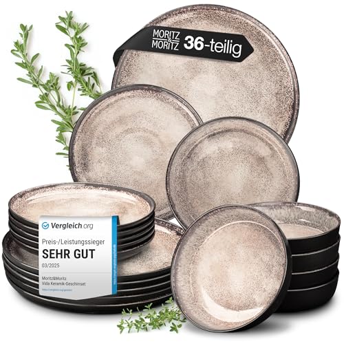 Moritz & Moritz VIDA Geschirrset 12 Personen Beige 36-tlg. - Modernes Porzellan Geschirr Set - Kratz-, Mikrowellen- & Spülmaschinenfest, Essgeschirr, Tafelservice, Kombiservice 12 Personen