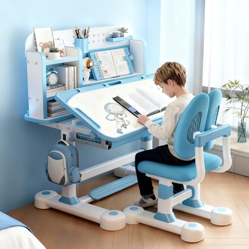 diowewea Kinderschreibtisch Set mit Bücherständer, Schüler-Schreibtisch und Stuhl, Kinderschule, Studiertisch mit Schubladenablagen, Bücherregal, Studienstuhl und Schreibtisch für Kinder (Blau)