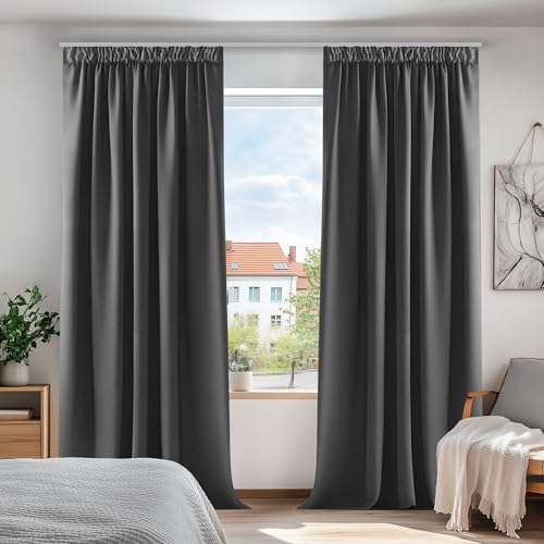 Deconovo Vorhänge mit Kräuselband Blickdicht Kälteschutz Vorhang Verdunkelung Gardinen Wohnzimmer, 175x140 cm(HöhexBreite), Dunkelgrau, 2er Set