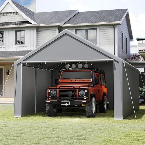 UISEBRT Lagerzelt & Garagenzelt in einem –Zeltgarage Carport, Unterstand & Weidezelt mit Stahlrahmen,robuster PE Plane, Dach- & Bodenverstärkung – wetterfest für Auto, SUV (4x6 m,Grau)