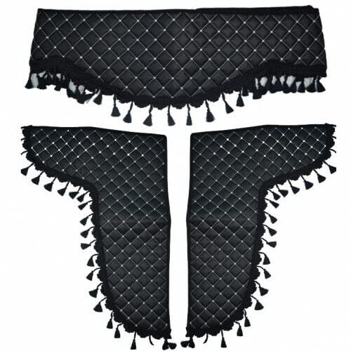 24/7 AUTO Schwarzes Dekoratives LKW-Bus-LKW-Vorhangset aus Öko-Leder, 3-teilig, schwarze Quasten, weiße Nähte